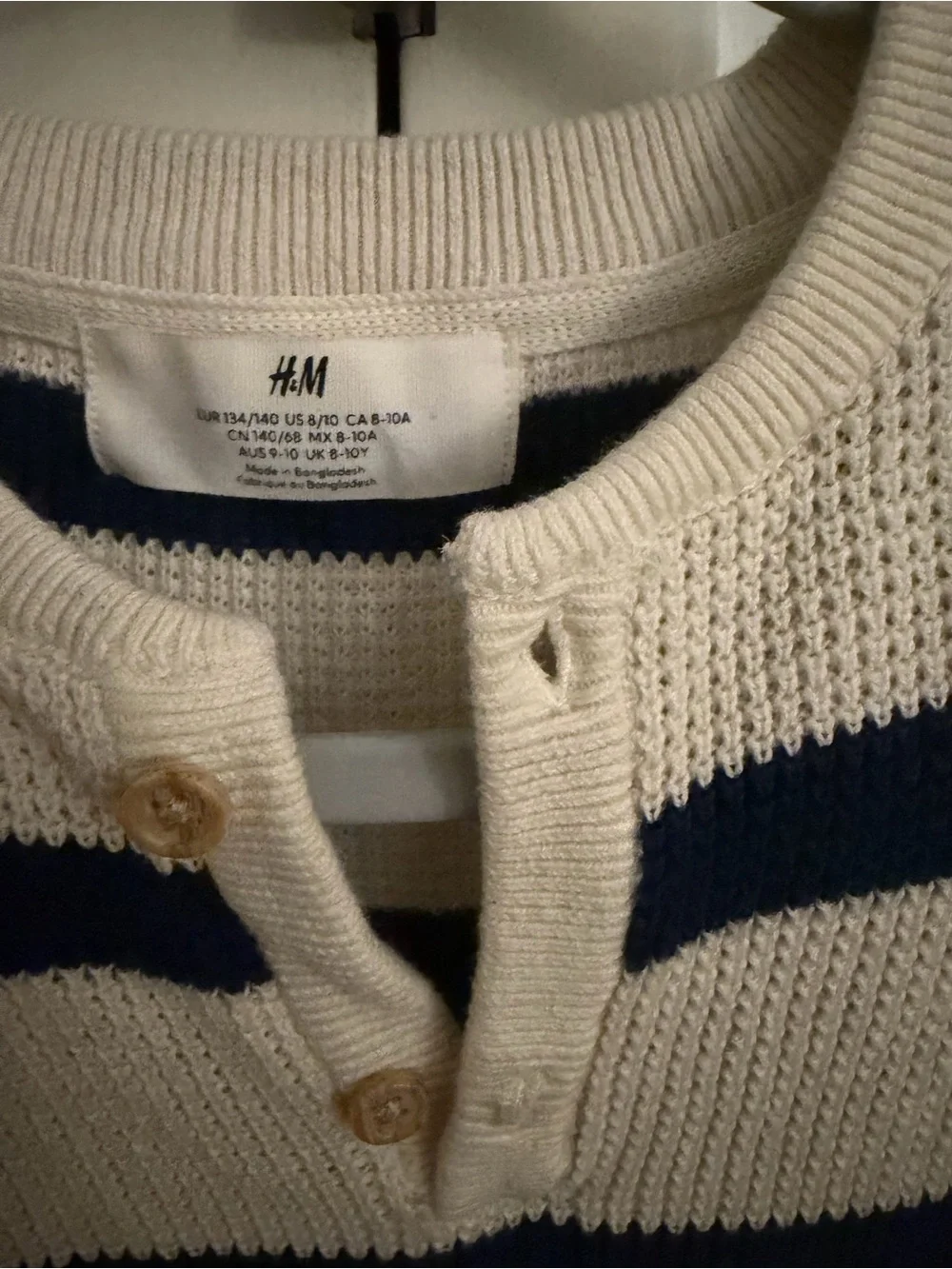 H&M kid’s Cream and Navy Striped Crewneck Henley Sweater